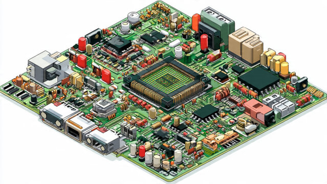 High tech computer motherboard with intricate circuitry and colorful components for technology and electronics use