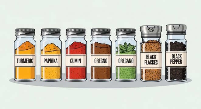 Set of glass jars filled with dry herbs.