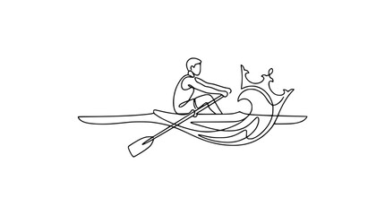 Single line drawing of a rower in a kayak with a crown shaped wave © Tata
