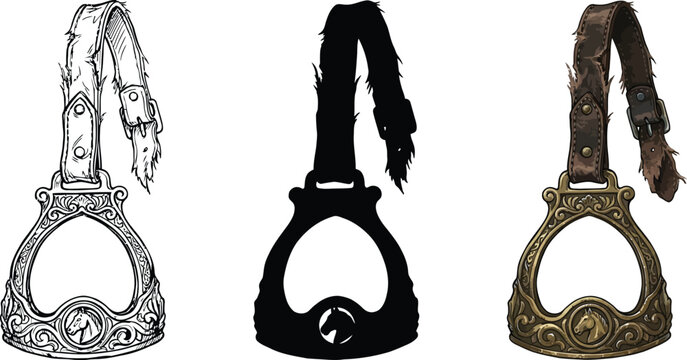 Collection of horse stirrups in diverse styles including detailed vintage minimalist silhouette and engraved line art suitable for equestrian and western themes