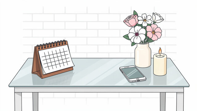 Decorative table with floral vase calendar mobile phone and candle on modern space butler scene