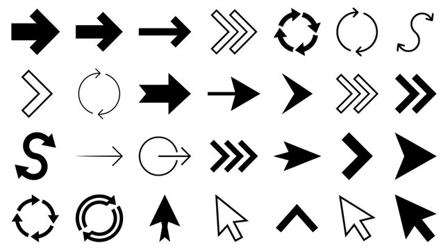 Various computer mouse cursors and arrow icons are displayed.