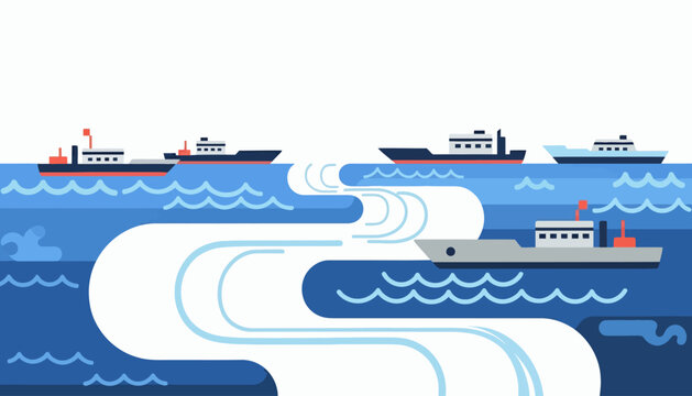 A symbolic illustration depicting a U.S. blockade of the Strait of Hormuz with ships navigating a constricted trade route, conveying a global business crisis