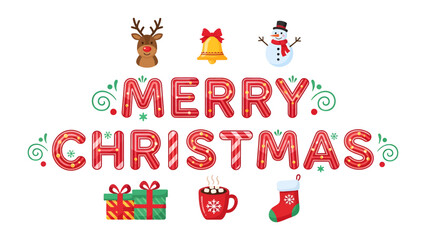 Fototapeta premium Merry Christmas Greetings: A festive collection of Christmas icons and the words Merry Christmas create a cheerful greeting, perfect for holiday cards and decorations.