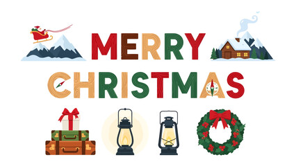 Naklejka premium Christmas Holiday Elements: A festive collection of Christmas symbols including a sleigh, mountains, cabin, gifts, lanterns, and a wreath.
