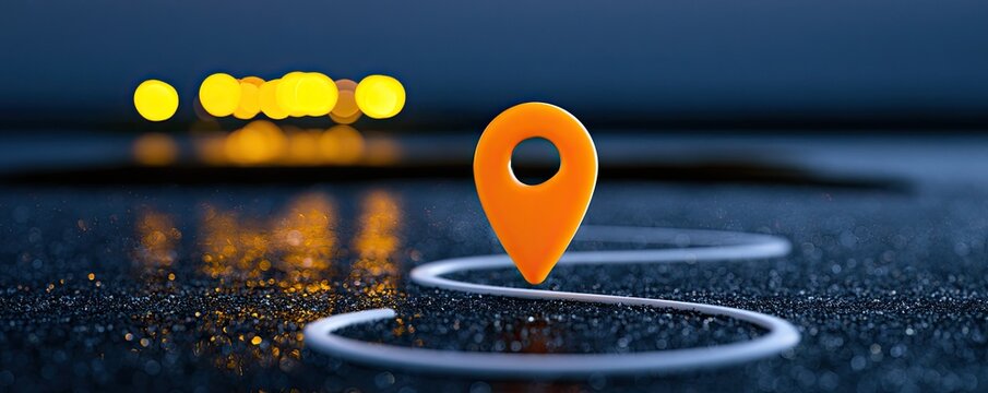Orange navigation pin on winding path with blurred lights