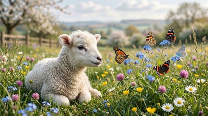 Fototapeta premium Close Up Portrait of Baby Lamb Sitting in Flower Meadow with Colorful