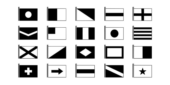 Flags Featuring Various Minimalist Black and White Nautical Symbols Arranged in a Grid Featuring Maritime, Signal, Communication with Boat and Ship