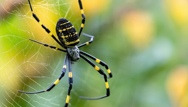 Detailed close-up of a large, black and yellow banded spider on its intricate web
