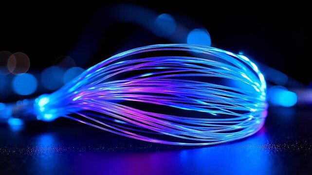 Glowing fiber optic strands in blue and purple