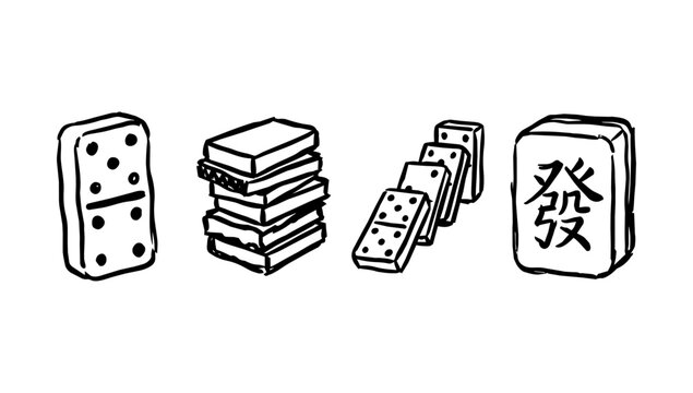 Dominoes, stacked tiles, and mahjong pieces in doodle line game set