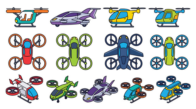 Flying cars and passenger drones icons collection in modern flat vector style for future transportation technology