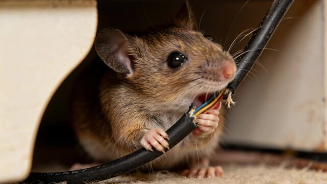 A close-up shot of a small mouse gnawing on a thick electrical wire in a dark indoor environment.