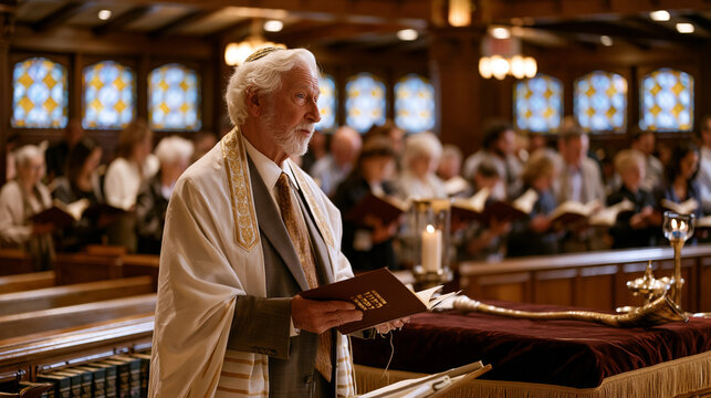 Rosh Hashanah synagogue service moment with congregation holding machzor prayer books, elderly cantor leading High Holy Day liturgy from bimah, stained glass casting patterned light across wooden pe