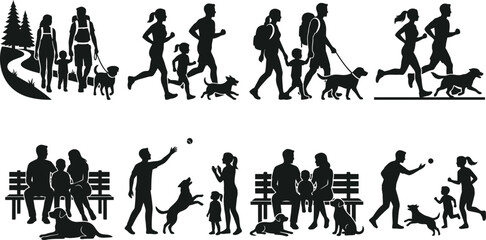 Obraz premium Family with pet dog silhouette collection featuring active people running playing and children jogging hiking in the park, dogs playing with ball