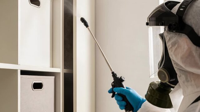A professional in a hazmat suit sanitizing a white shelving unit with a chemical spray sprayer.