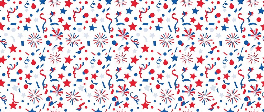Seamless pattern of red and blue stars confetti streamers and fireworks bursting on a white background celebrating patriotic holidays and festive occasions with vibrant energy