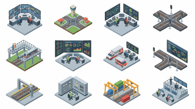 Isometric illustrations of control rooms, traffic intersections, and industrial settings.