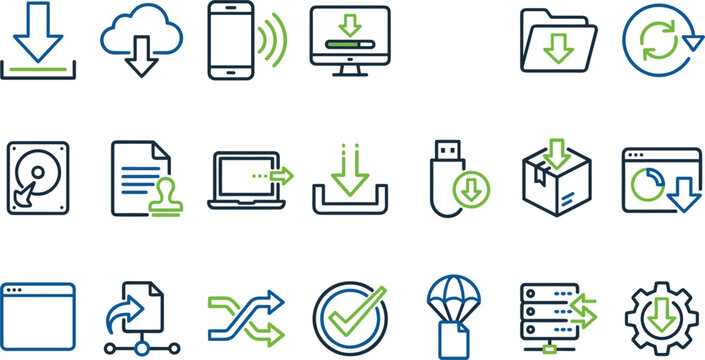 Data Download and File Transfer Icon Set Featuring Cloud Storage, Mobile Sync, Hard Drive, Web Browser, Network Sharing, and Digital Interface Symbols