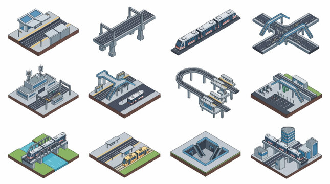 Collection of isometric urban transport and infrastructure elements with trains and stations.