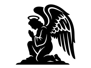 Naklejka premium Silhouette of a Praying Angel with Wings and Halo.