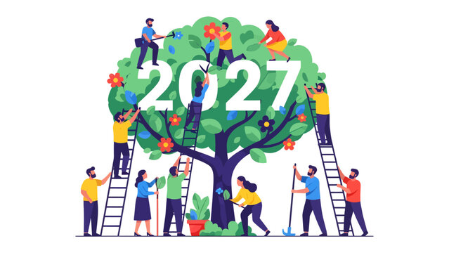Cultivating Future Growth: A vibrant illustration depicting a community of people working together to nurture a tree adorned with the year 2027.
