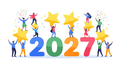 Fototapeta premium New Year 2027 Celebration: A vibrant illustration depicts people celebrating the arrival of 2027, holding golden stars and standing on the numbers.