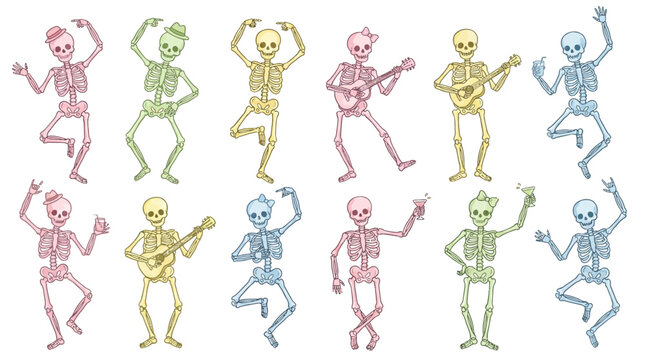 Six humorous black skeleton silhouettes celebrating and dancing in various festive poses, bony human anatomy characters partying, isolated on a clean white background vector illustration.