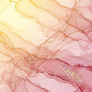Abstract alcohol ink background with fluid gold veins and pastel gradient.