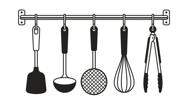 Kitchen utensils hanging on a rack.