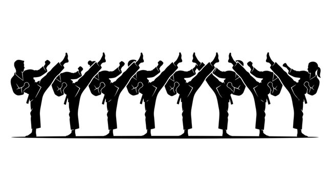 Group of karate martial artists in black uniform performing a high kick exercise in a row