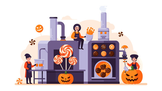 Halloween Candy Factory Illustration: A whimsical illustration depicts a vibrant candy factory with characters working to create Halloween-themed sweets like lollipops and cookies.