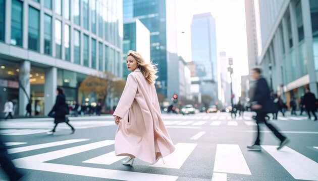 Fashionable woman in pink coat crosses busy city intersection with modern skyscrapers