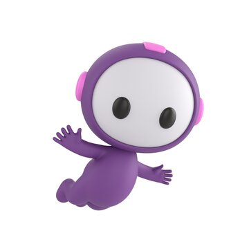 Cute 3D render Purple Bot character flying freely in the air, joyful and carefree mascot style, isolated on white background for freedom, imagination, and digital design.