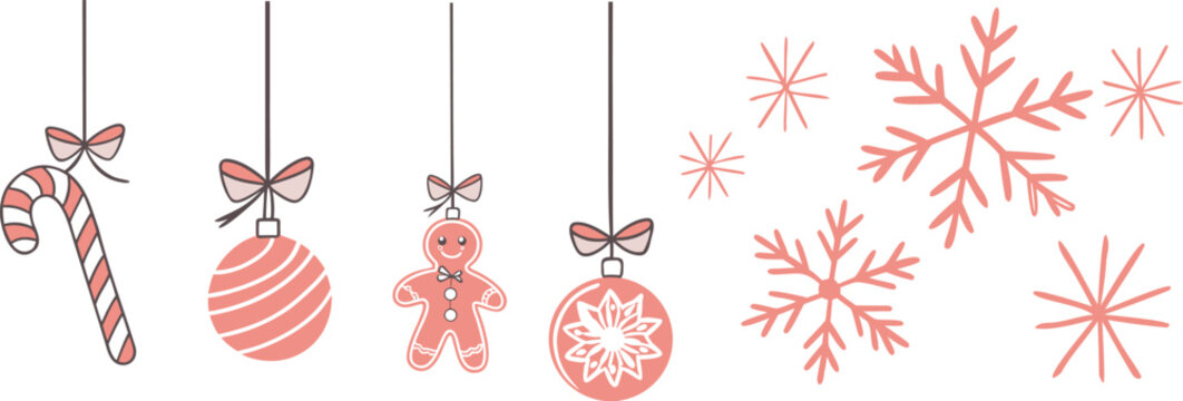 Cute Christmas hanging ornaments set with candy cane, baubles, gingerbread man, and snowflakes