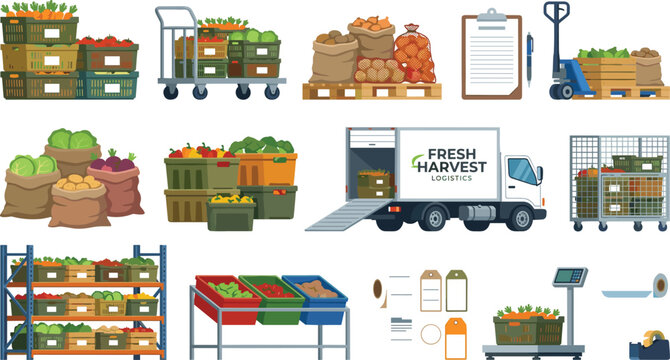 Commercial agriculture food supply chain fresh harvest distribution logistics warehouse infrastructure elements vector illustration set