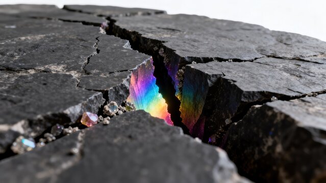 Cracked rock with colorful light inside