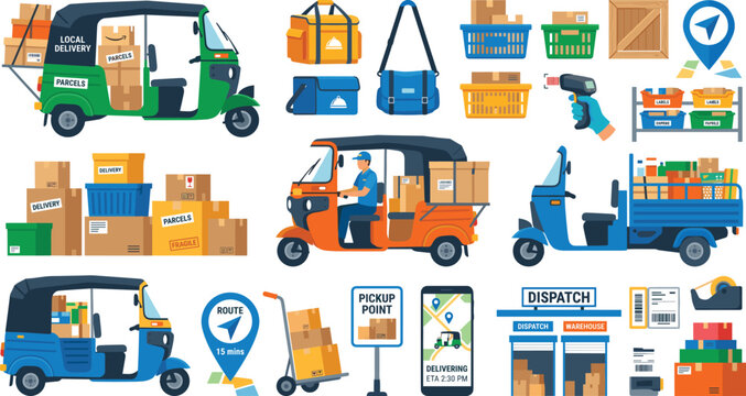 Rural Indian commercial e commerce delivery logistics auto rickshaw and urban express parcel shipping distribution elements vector illustration set