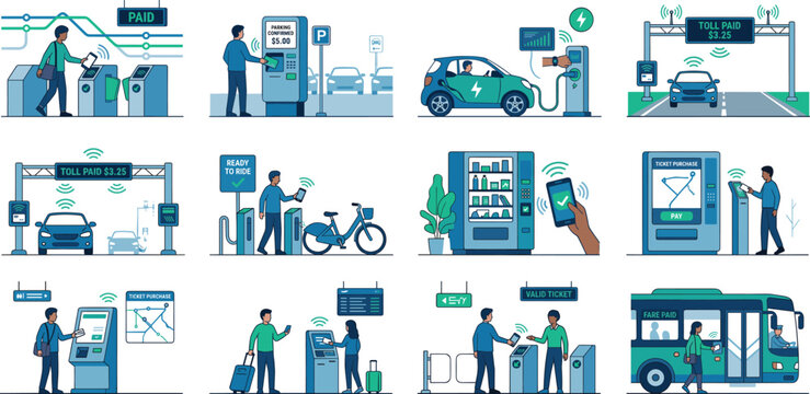 Smart city contactless payment mobility infrastructure and automated digital transit ticketing scenes vector illustration set