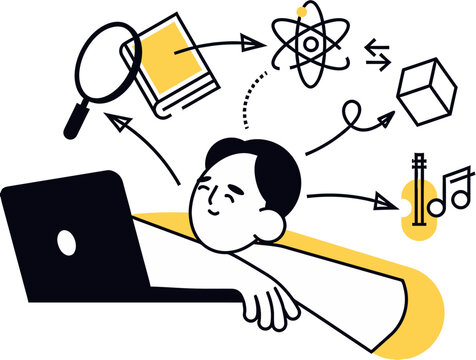 Online learning and education concept vector illustration with student at laptop and academic icons isolated on transparent background