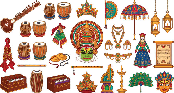 Traditional Indian classical music instruments and ethnic performing arts cultural dance stage decoration elements vector illustration set