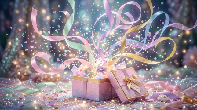 Magical glowing gift box with ribbons