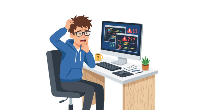 Confused programmer with computer screen displaying error messages vector illustration
