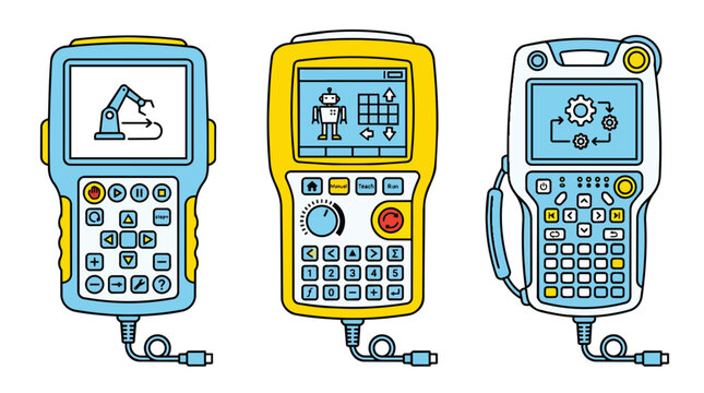 Industrial robot teaching pendants featuring programmable interfaces in clean flat vector style for smart factory automation