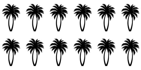 Fototapeta premium Palm Tree Silhouette Pattern with Evenly Spaced Black Icons on a White Background for Seamless Decorative Design Concept