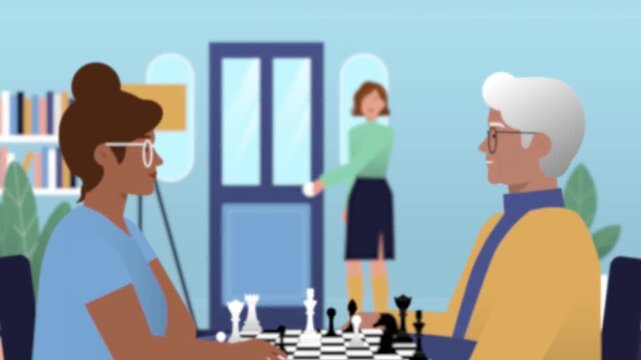 Elderly Grandfather and Young Woman Character Sitting at Table and Playing Chess Game 2D Animation