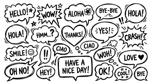 Speech Bubbles Illustration with Black and White Doodle Icons and Greetings, Conversation Symbols for Communication Design