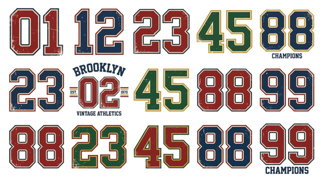 Collection of thirty-eight vintage sports jersey number typography graphics, retro athletic numbering fonts for shirt printing, isolated on a clean white background for varsity apparel design.