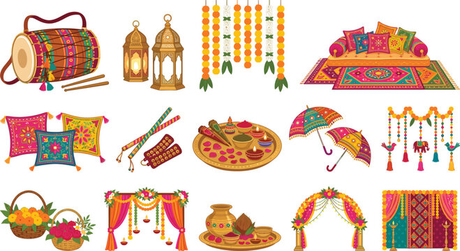 Traditional Indian wedding mehndi ceremony decoration luxury sangeet haldi function layout and floral hospitality elements vector illustration set