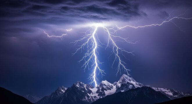 Gigantic Forked Lightning Bolt Strikes Snow-Capped Mountains During Storm